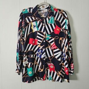 Vintage Coastline Nautical Anchor Flag Top Women Lightweight Coastal Boat Size M